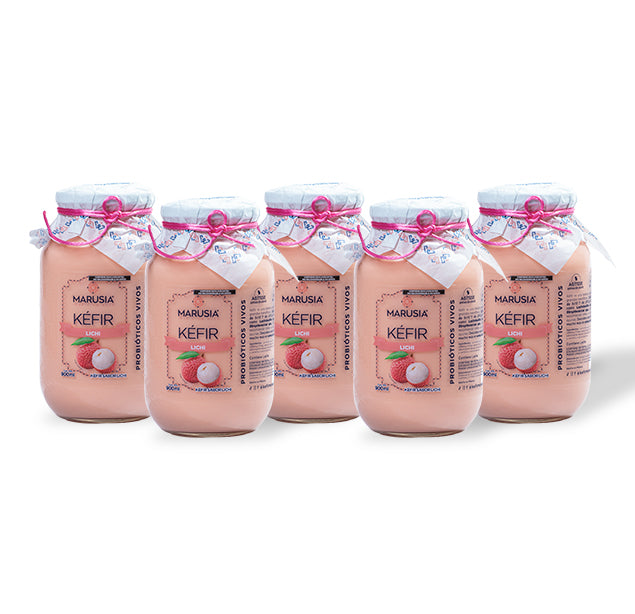 KEFIR MARUSIA PAQUETE FAMILIA FELIZ 5 BOTELLAS DE VIDRIO SABOR LICHI
