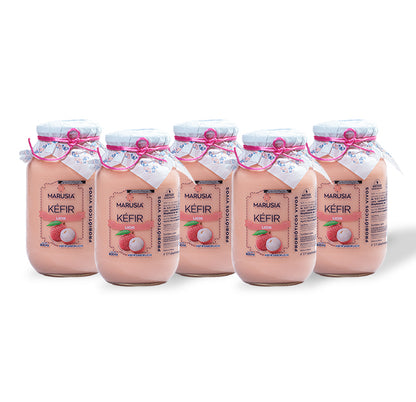 KEFIR MARUSIA PAQUETE FAMILIA FELIZ 5 BOTELLAS DE VIDRIO SABOR LICHI
