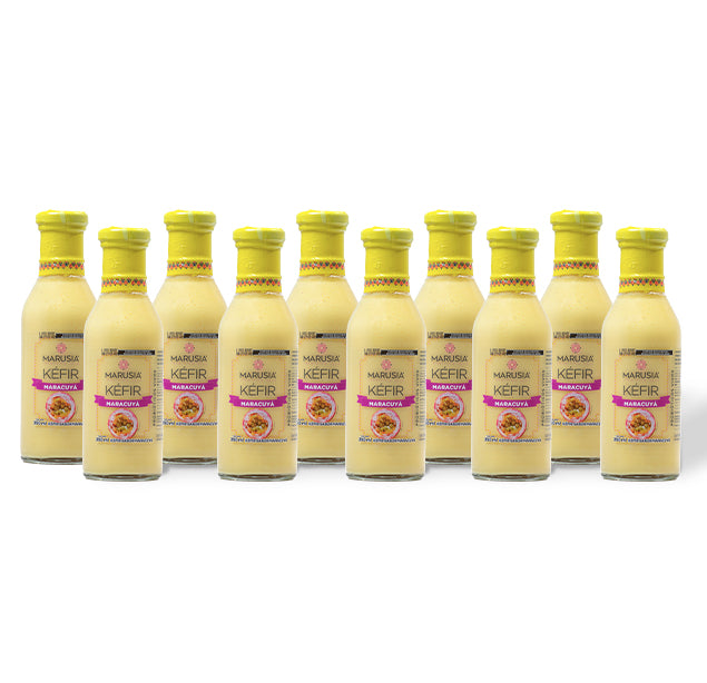 PAQUETE SALUD DIARIA 12 BOTELLAS DE VIDRIO  KEFIR MARUSIA 350 ML SABOR MARACUYA