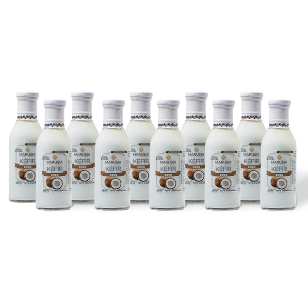 PAQUETE SALUD DIARIA 12 BOTELLAS DE VIDRIO  KEFIR MARUSIA 350 ML SABOR COCO